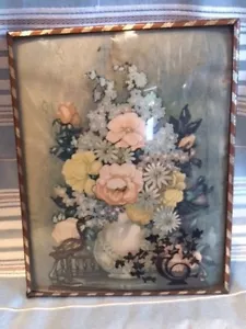 Glass Convex Silhouette Floral Hidden Bird Framed Picture Vintage - Picture 1 of 7