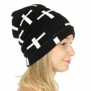 White Cross on Black Pattern Knit Hat Toboggan Beanie Unisex Warm Winter - Picture 1 of 3