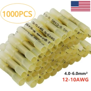 1000Pcs Yellow Heat Shrink Butt Wire Connectors Crimp Terminals AWG 12-10 Gauge - Picture 1 of 12