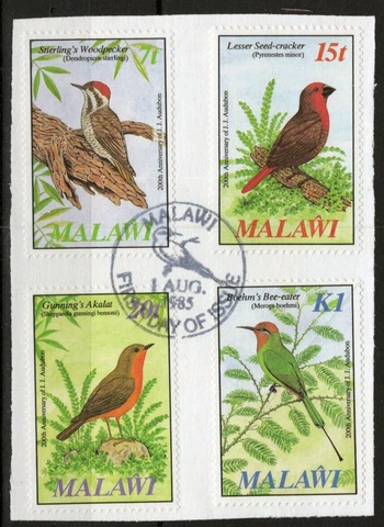 ZAYIX - 1985 Malawi 470-473 used FDC clipping on paper Audubon Birds 021823S43M Cover