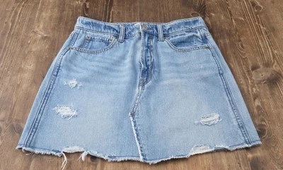 GAP Denim Skirt Tween Teen Girls 14 Blue Adj Waist Distressed Raw Hem Pockets - Image 1 of 4
