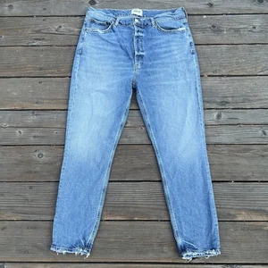 Pantalones de mezclilla azules de tiro alto AGOLDE Nico para mujer talla 32 dobladillo crudo botón mosca ajustados - Imagen 1 de 10