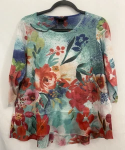 Ali Miles Watercolor Floral Sheer Hem Tunic Top Womens Size PM Artsy Travel Boho - Picture 1 of 8