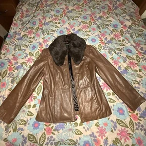 Anne Klein Brown Lambskin Leather Rabbit Fur Collar Coat, Size Woman’s Large - Picture 1 of 7