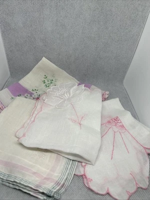 Vgt Lot 4 Pink Floral One Signed Hankies Handkerchiefs - Image 1 of 4