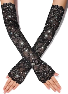 Glitter Rhinestone Long Fingerless Gloves Black Lace Arm Glove Tea Party - Picture 1 of 12