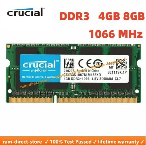 CRUCIAL DDR3 4GB 8GB 1066 MHz PC3-8500 Laptop SODIMM 204-Pin Memory RAM 8G 4G - Image 1 of 4