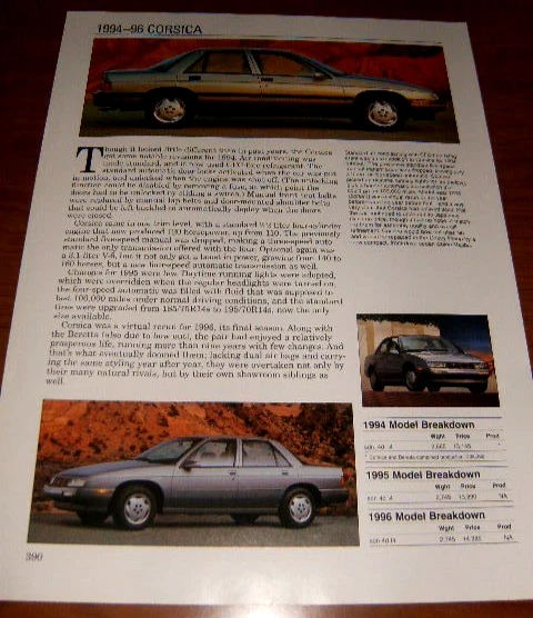 1994-96 Chevy Corsica Spec Sheet Info Photo Print 94 95 2.2 3.1 V6 - Image 1 of 1