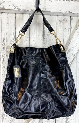 Badgley Mischka Large Black Leather Shoulder Bag Purse Y2K 2000s Minimalist - Image 1 of 4