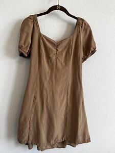 Brown Linen Short Sleeve Short Sundress Size Medium Mini Dress Open Back Bow