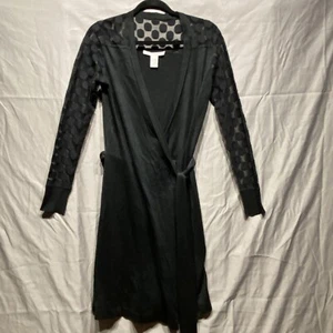 Diane Von Furstenberg Silk Wrap Dress Sz M Linda Black MIDI Sheer Long Sleeve - Picture 1 of 11