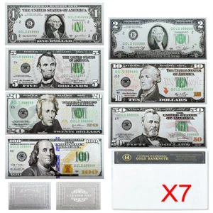 7pcs in Shell US 1 2 5 10 20 50 100 Dollars Silver Foil Plastic Banknotes Set - Picture 1 of 9