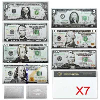7pcs in Shell US 1 2 5 10 20 50 100 Dollars Silver Foil Plastic Banknotes Set - Image 1 of 4