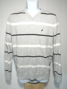 NAUTICA SMALL GRAY STRIPED V-NECK SWEATERl S Men's Long Sleeve stripes pullover - Picture 1 of 6