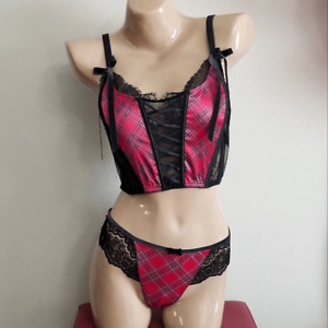 Victoria's Secret Red Plaid Unlined Lace Up Corset Top and Panty Set MEDIUM