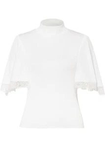 Camiseta acanalada con encaje talla 32/34 blanca mujer camisa top blusa túnica parte superior nueva - Imagen 1 de 1