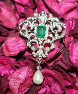 1.90ct Natural Round Diamond 14K White Gold Emerald Pearl Anniversary Brooch - Picture 1 of 12