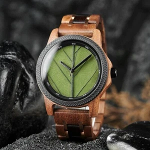 BOBO BIRD Men's Wooden Watch - Unique Leaf Dial Quartz - Picture 1 of 10