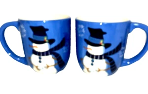 Lot of Two large mugs Christmas Snowman Blue Ceramic First Snowfall - Picture 1 of 7