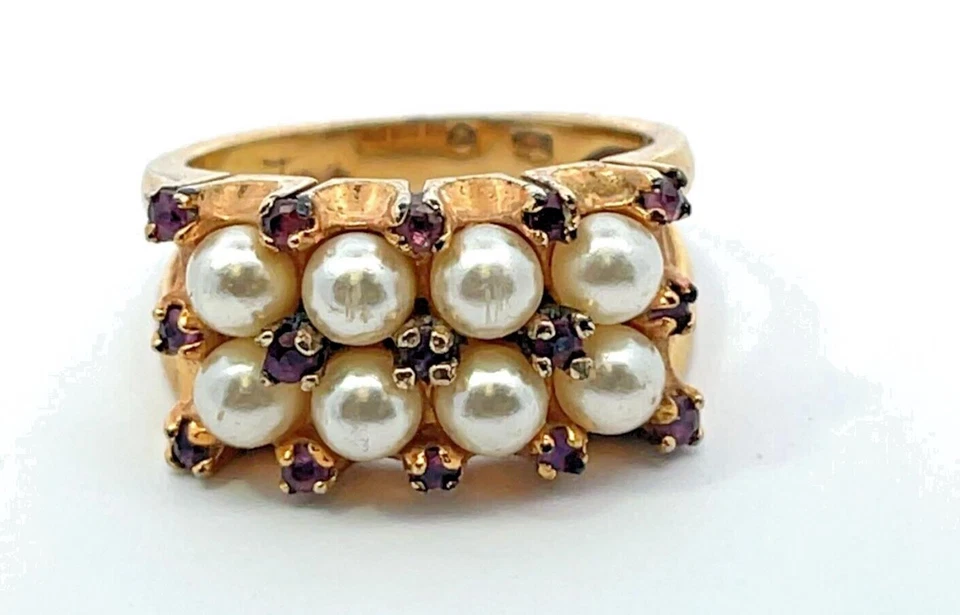 Farrah Fawcett Ruby & Faux Pearl Sterling Silver Ring 5.9 Grams Size-7.5 - Image 1 of 4