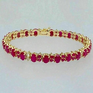 6 Ct Oval Cut Red Ruby Lab-Created Womens Tennis Bracelet 14k Yellow Gold Finish - Picture 1 of 4