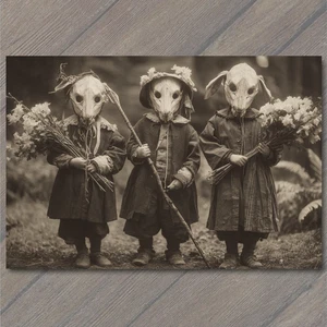 Art Print Three Children Skull Masks Flowers Ritual Sepia Forest Odd Creepy - Picture 1 of 1