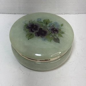 Vintage Green Alabaster Trinket Box Jewelry Blue Purple Fower Hinged Lid Round - Picture 1 of 9