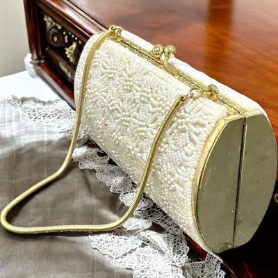 Vintage Ivory Beaded Handbag Purse Floral Evening Bag Handmade Japan - Image 1 of 4