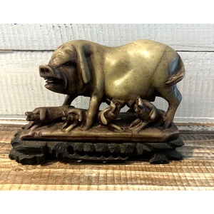 Vintage chinesische Shoushan Stein Mutter Schwein & Ferkel Skulptur auf Holzsockel 6,5 - Bild 1 von 6