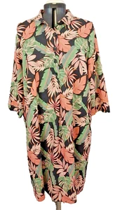 Sara Size 24 Black Green Peach Tropical Leaf Floral Linen Viscose Shift Dress - Picture 1 of 9
