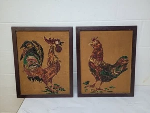 rooster & chicken mixed media framed art set 17" x 21" vintage / r2f - Picture 1 of 5