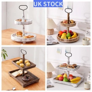 2-Tier Wooden Round Rectangle Tray Dessert Cupcake Display Rack Shelf Party Home - Picture 1 of 16