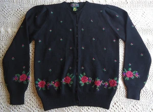 Charter Club Wool Cardigan Women's M Pink Purple Rose Flower Accents 80s Preppy - Picture 1 of 12