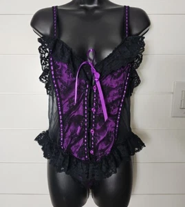 Vintage Corset Bodysuit Purple And Black Lace Size M Vandemere Whimsigoth Goth - Picture 1 of 12