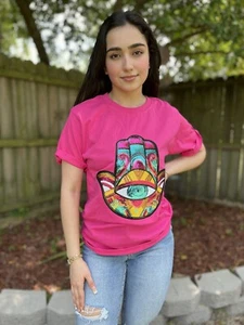 Women's T-Shirts Hand of Fatima Print T-shirt Short Sleeve Lucky Hamsa Large - Picture 1 of 3