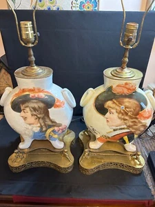 Pair Antique PILLOW VASE Porcelain Lamps Courting Couple 31” T By A. Lebarque - Picture 1 of 13
