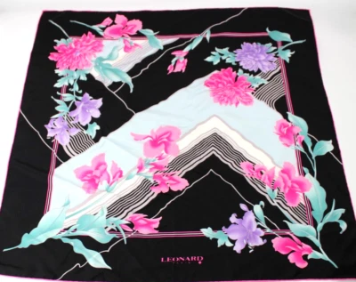 De Colección Leonard Paris Bufanda de Seda Floral Negro Rosa Fucsia Verde Azulado 34" x 34" Foto 1 de 4