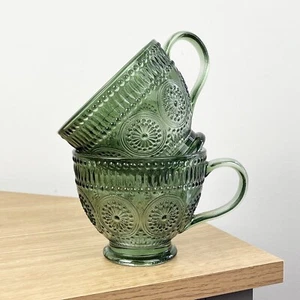 Glass Mug Set of 2 GREEN Tea Coffee Hot Chocolate Cups Vintage Floral Large - Picture 1 of 7