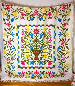 Vintage Vibrant Crewel Embroidery Bed Spread Coverlet Queen King Folk Art Boho - Picture 1 of 8