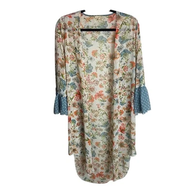Mystree Size M Kimono Duster Longlined Floral Polka Dots Open Front Boho Hippie - Image 1 of 4