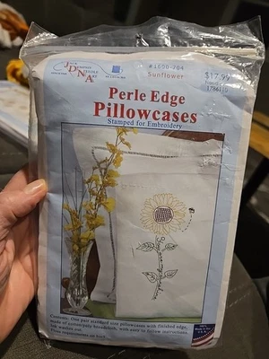 Jack Dempsey Stamped Pillowcases W/White Perle Edge 2/Pkg- #1600-704 Sunflowers - Image 1 of 4