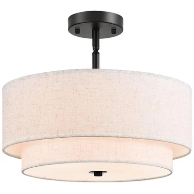 Luz de techo de montaje semi empotrado de 16", pantalla de tela de doble tambor negra de 3 luces... Foto 1 de 4