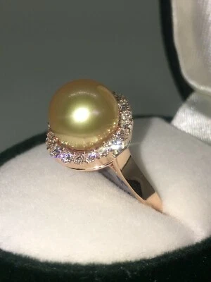 Impresionante anillo de perlas doradas de 9,6 mm y diamantes de alta calidad en oro rosa de 18 quilates Foto 1 de 4