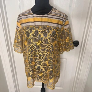 Anthropologie Floral  Short Sleeve Casual Lace  Blouse  Stripe Top Size 6 NWT - Picture 1 of 9