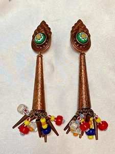 Stunning Vintage Millefiori Glass Bead & Copper Metal Dangle Chandlier Earrings - Picture 1 of 9