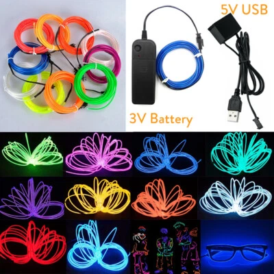 1-5M LED Neon Glow EL Wire Light String Rope Cable Car Party Decor 3/5V USB Ctrl - Image 1 of 4