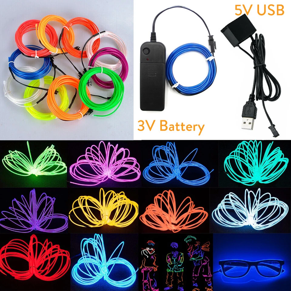 1-5M LED Neon Luminoso Filo El Luce Stringa Corda Cavo Auto Festa Decor 3/5V - Immagine 1 di 4