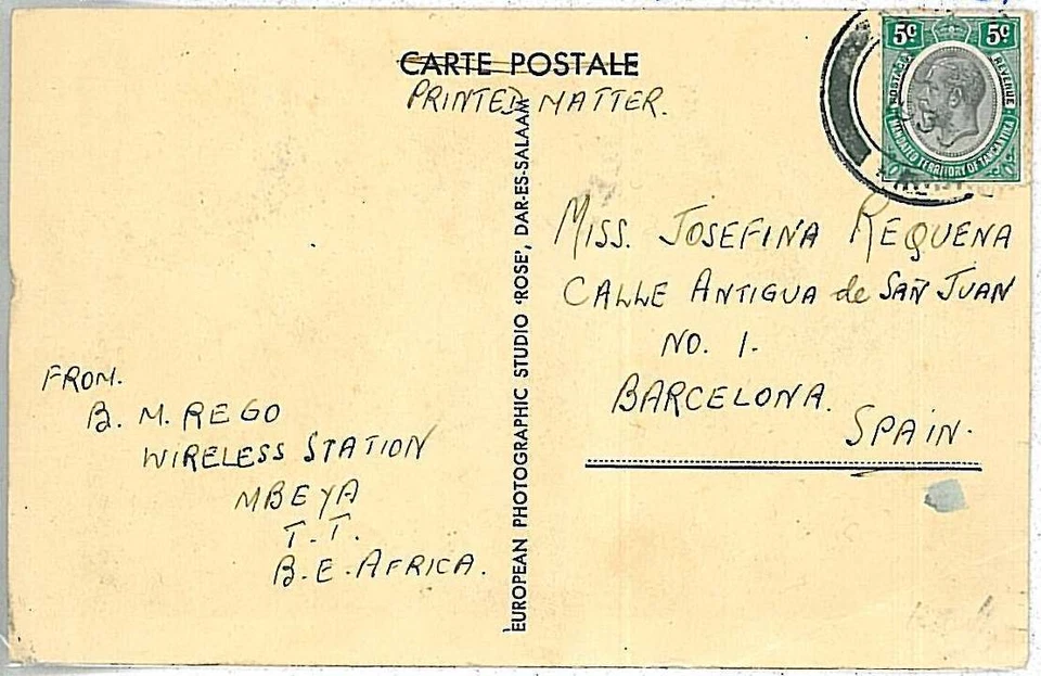 28073 - TANGANICA - TARJETA Historia Postal de REGO WIRELESS STATION a ESPAÑA 1933 Foto 1 de 1