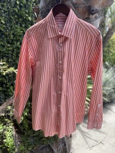Bugatchi Uomo Herren Größe 16 orange gestreift Baumwolle Langarm Hemd - Bild 1 von 12