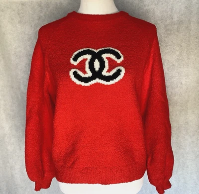 CHANEL Size 40 (NST) Red CC Teddy Bear Wool Cashmere Blend Pullover Sweater - Image 1 of 4